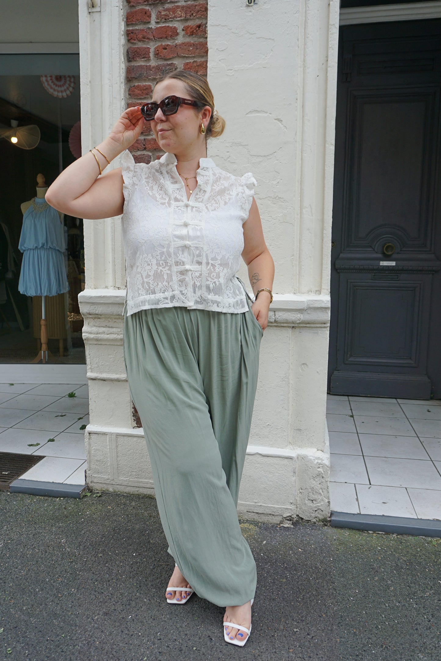 Pantalon fluide bouffant resserré kaki