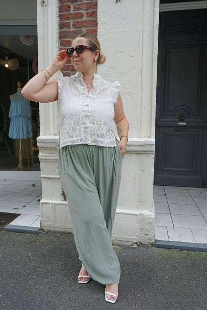 Pantalon fluide bouffant resserré kaki