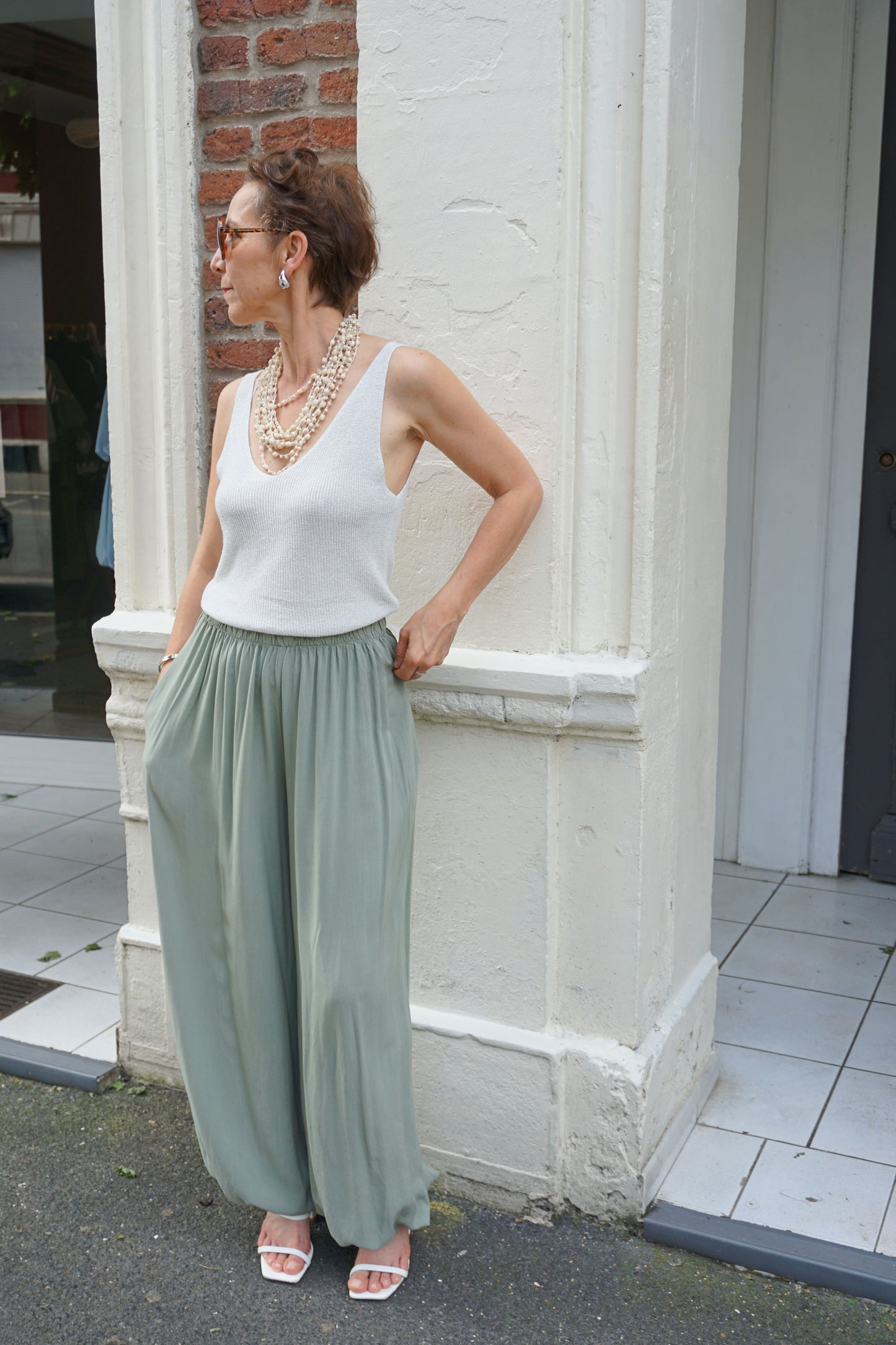 Pantalon fluide bouffant resserré kaki