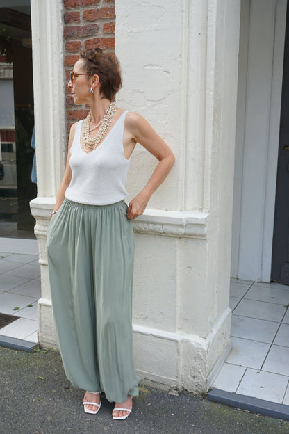 Pantalon fluide bouffant resserré kaki
