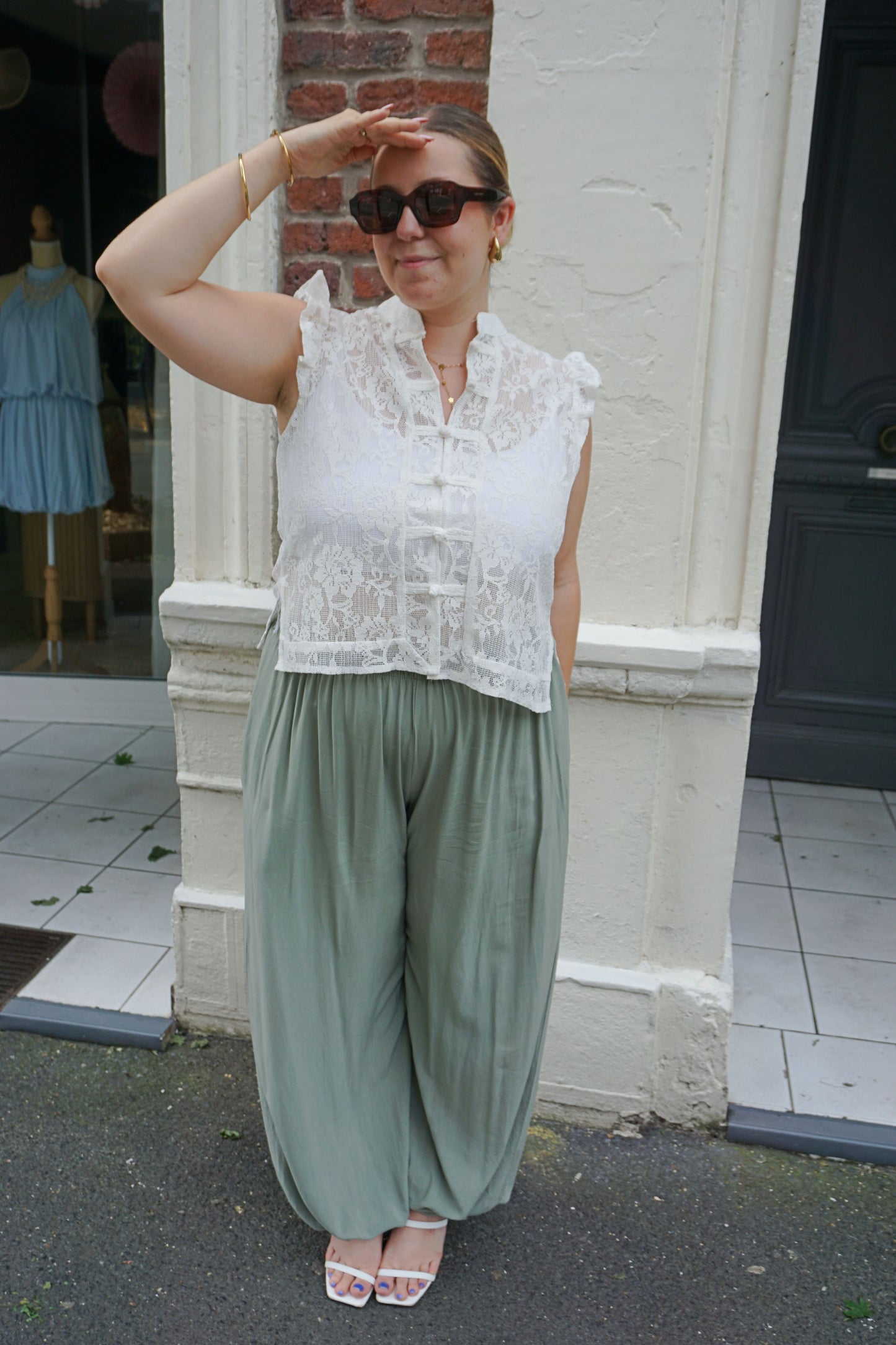 Pantalon fluide bouffant resserré kaki
