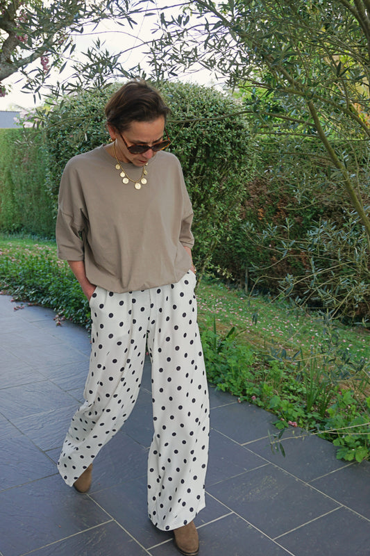 Pantalon fluide wide leg blanc à pois