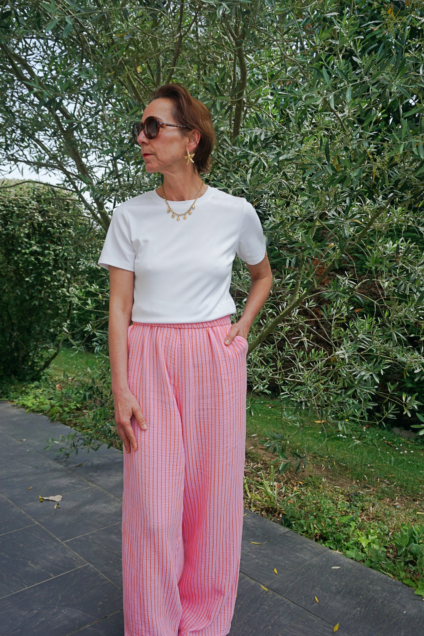 Pantalon rayé fushia et orange coton