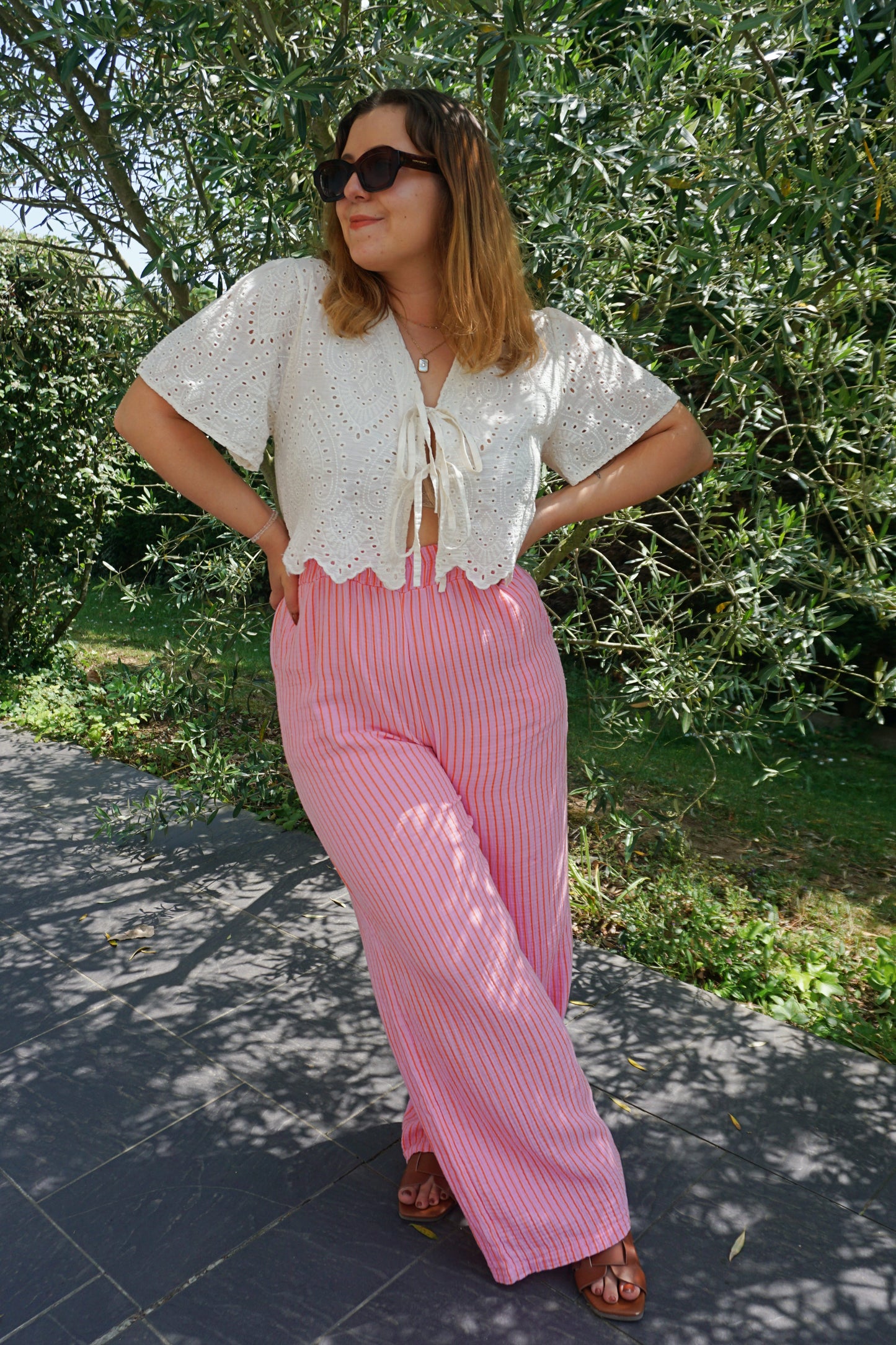 Pantalon rayé fushia et orange coton