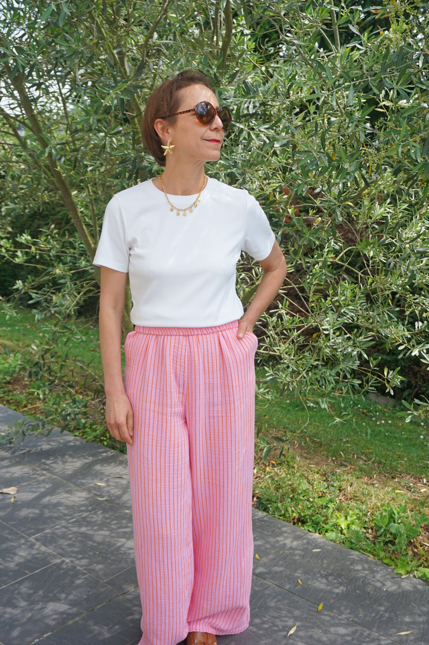 Pantalon rayé fushia et orange coton