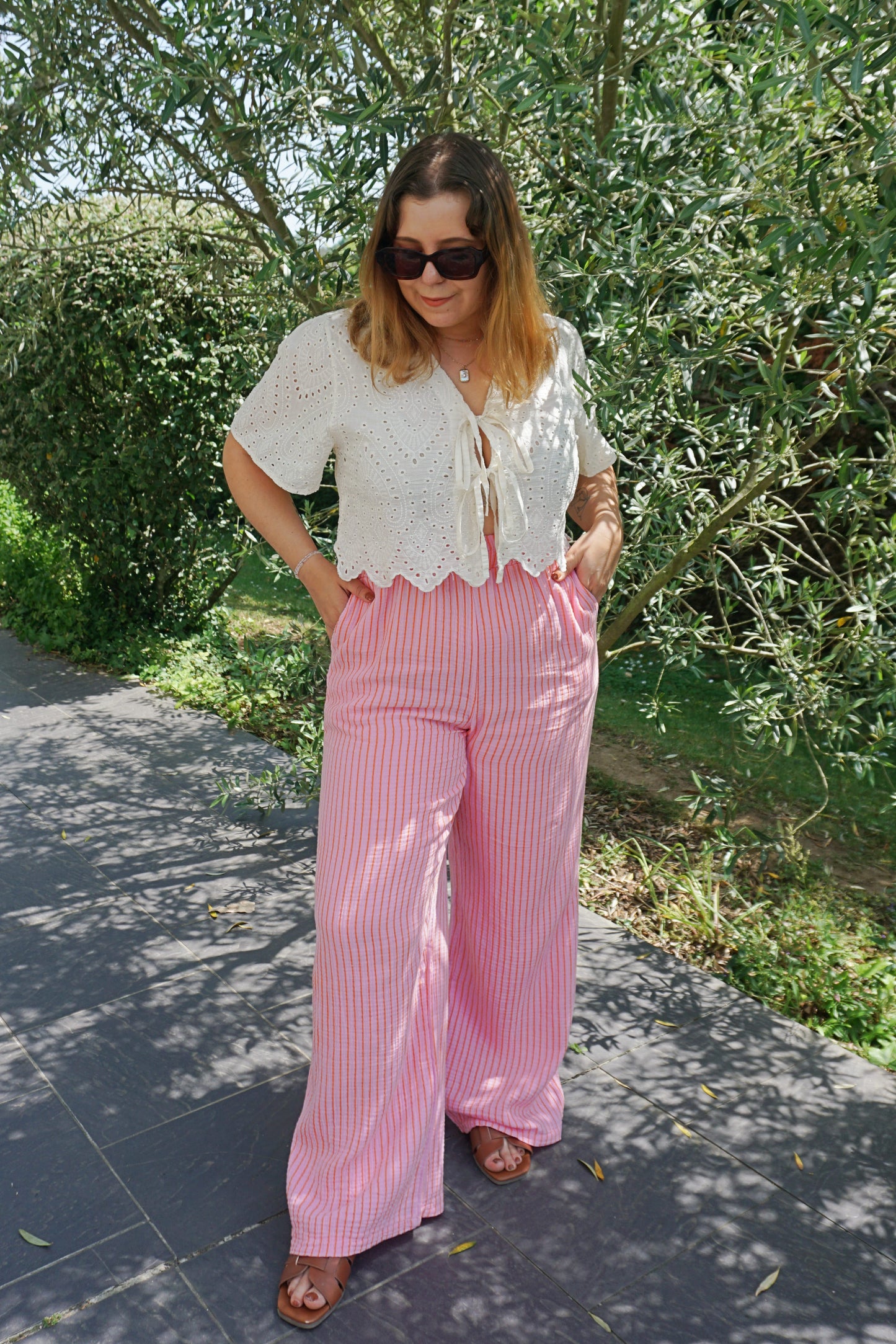 Pantalon rayé fushia et orange coton