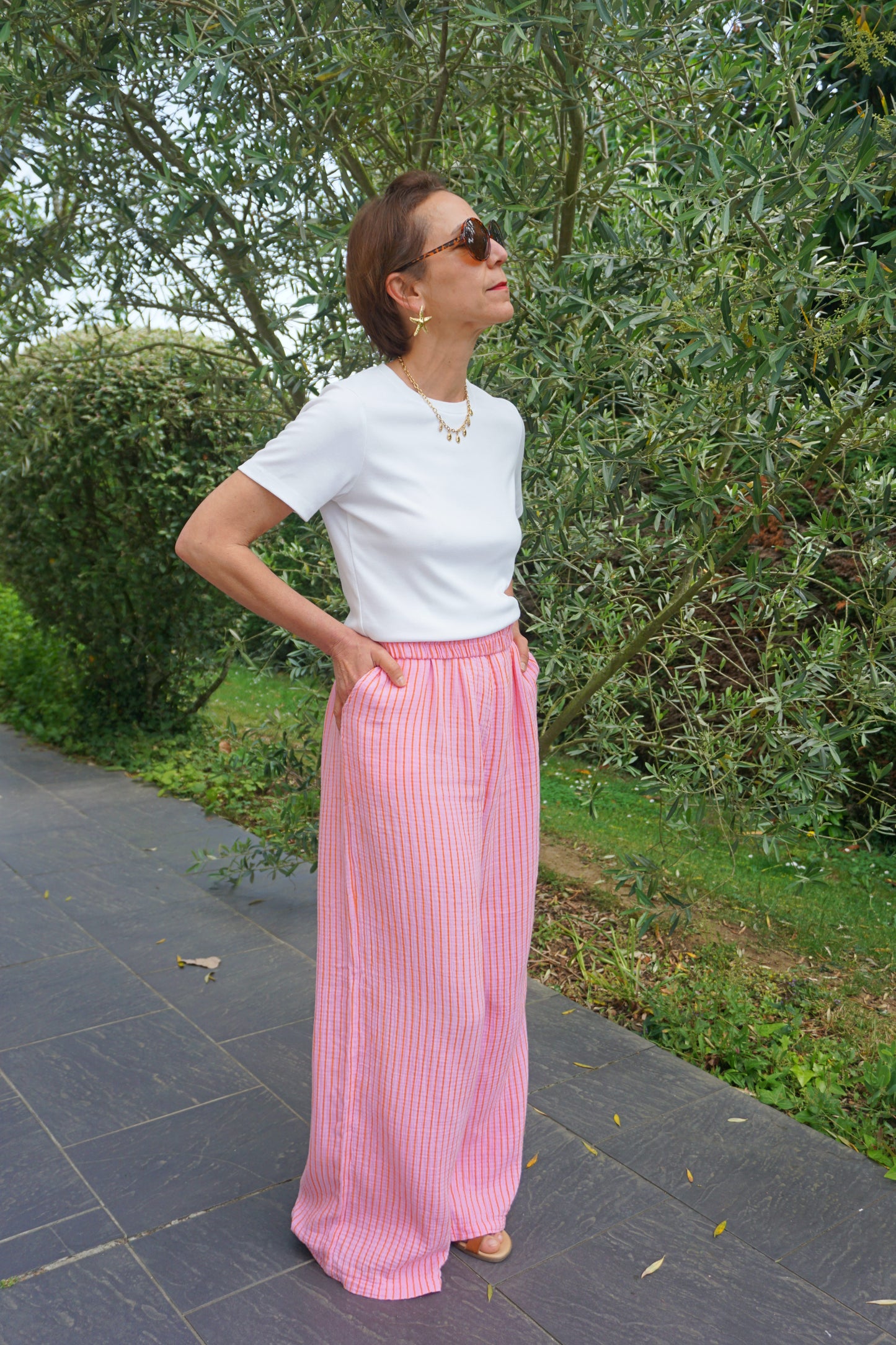 Pantalon rayé fushia et orange coton