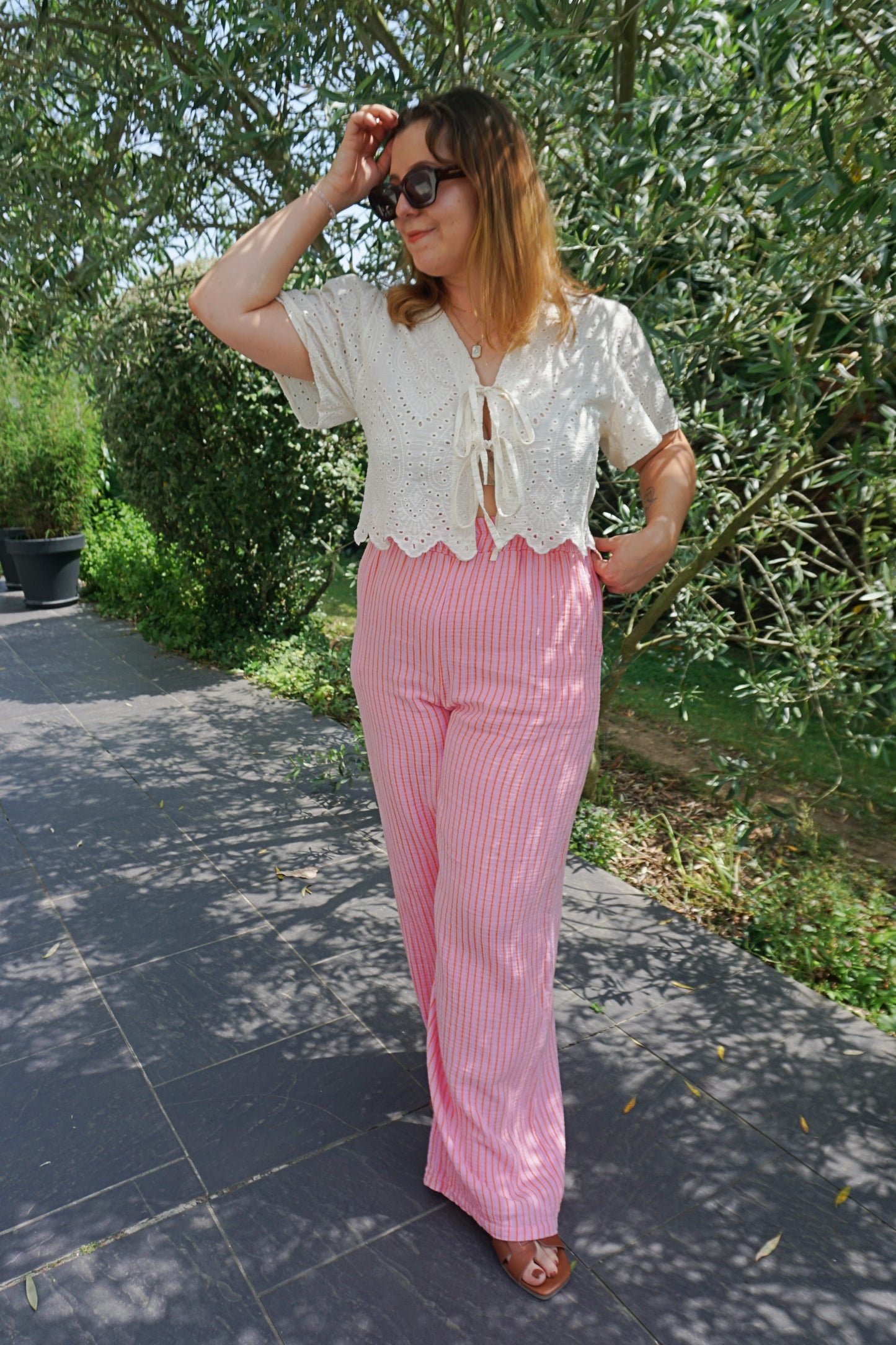 Pantalon rayé fushia et orange coton