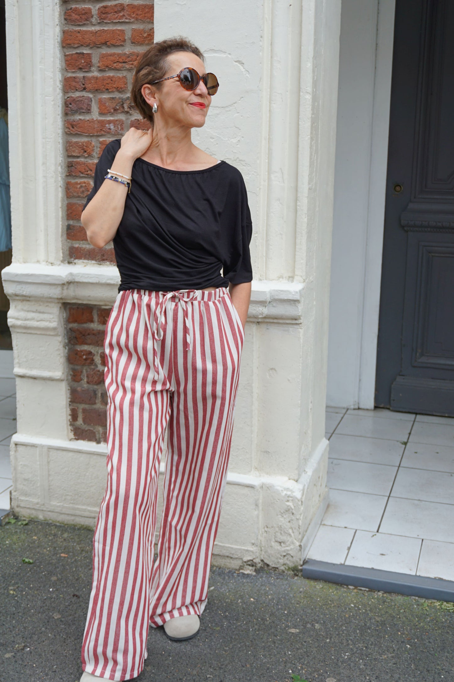 Pantalon rayé rouge coton