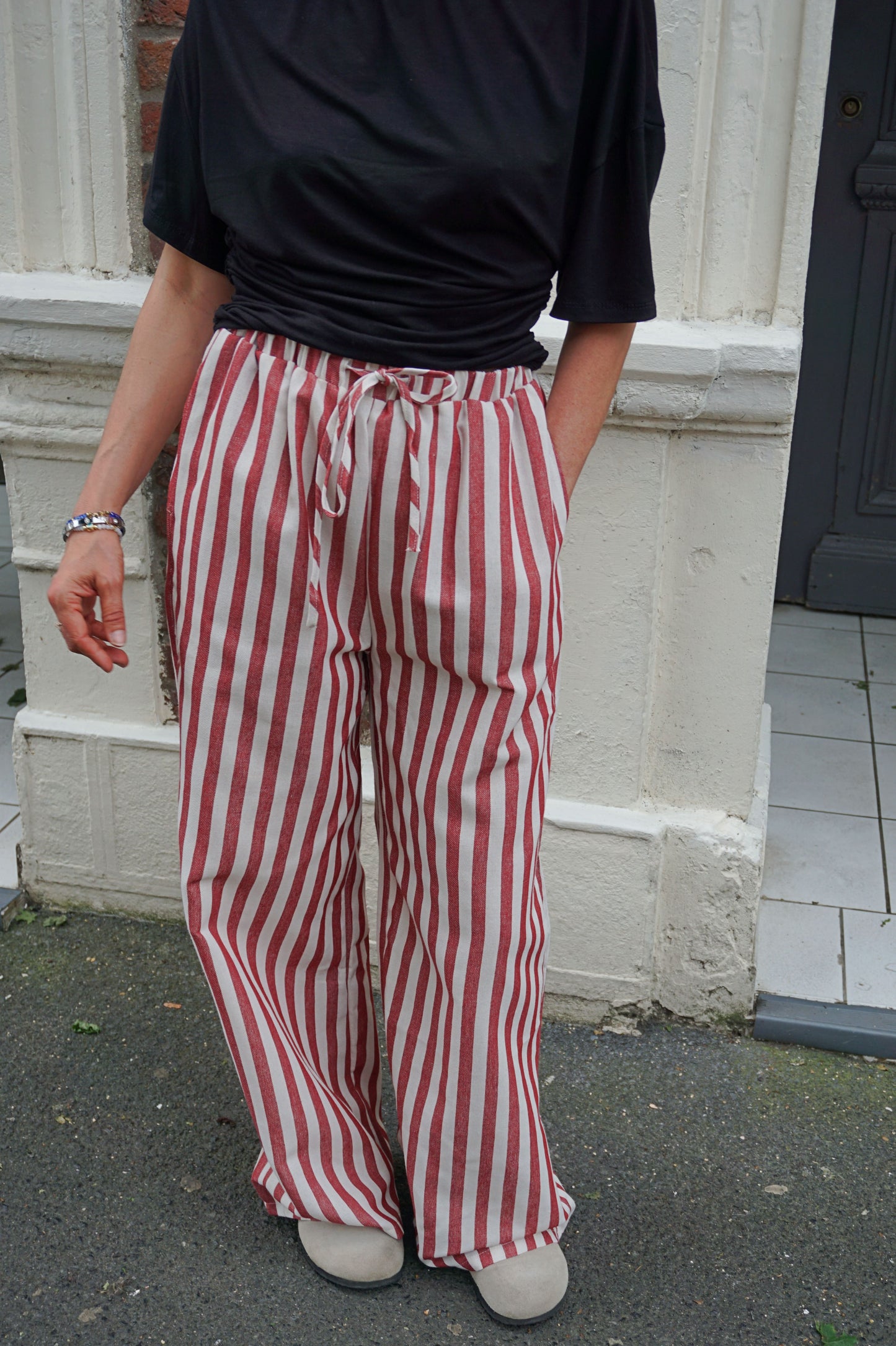 Pantalon rayé rouge coton