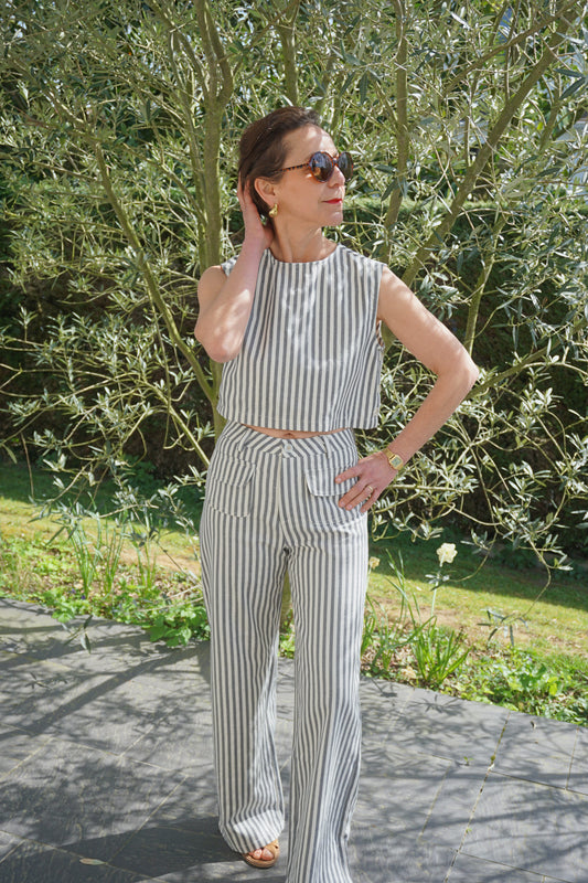 Pantalon rayé bleu gris coton