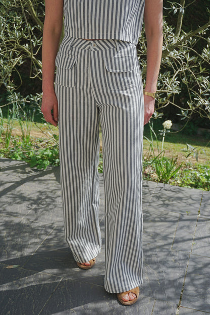 Pantalon rayé bleu gris coton