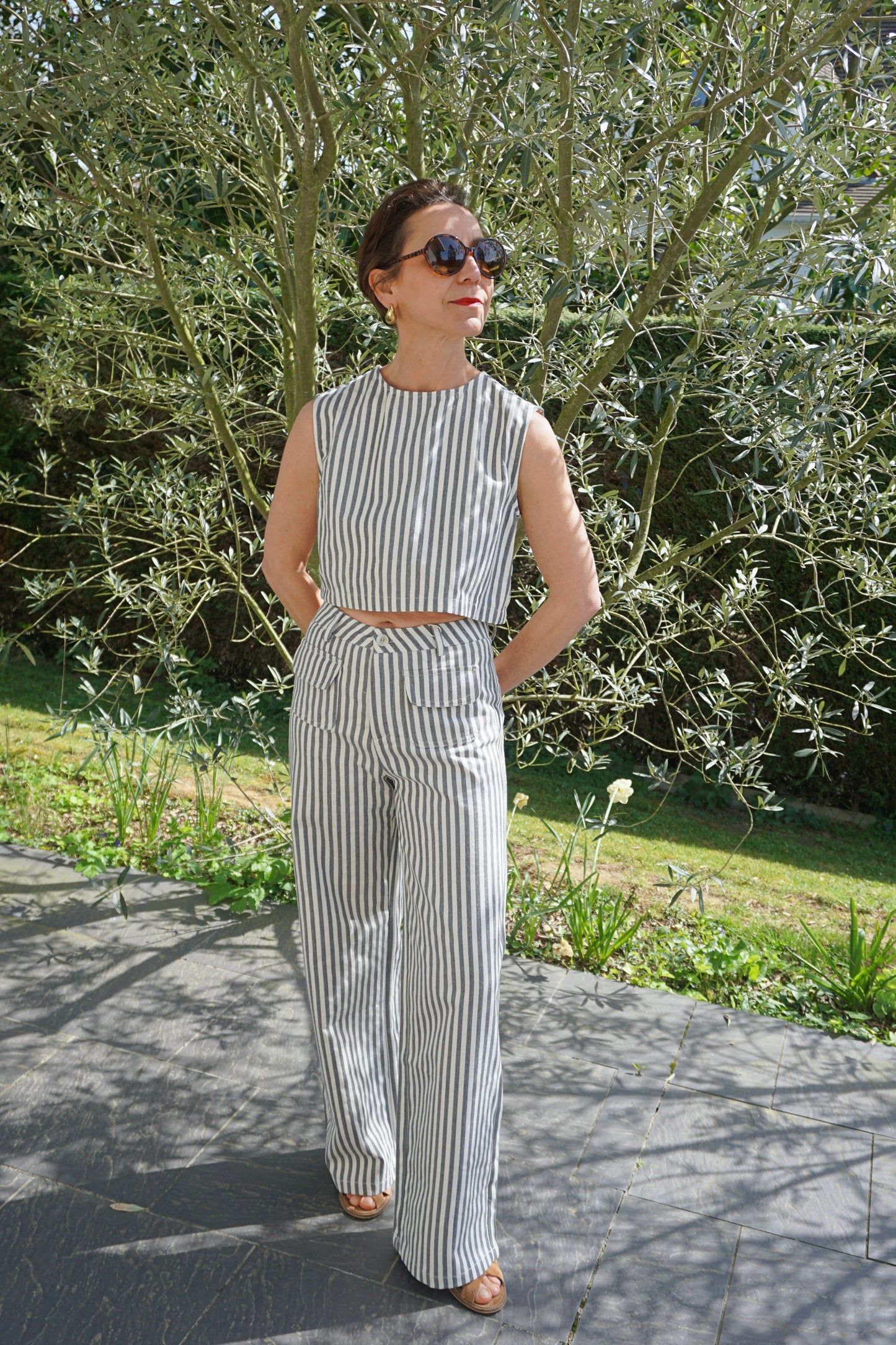 Pantalon rayé bleu gris coton