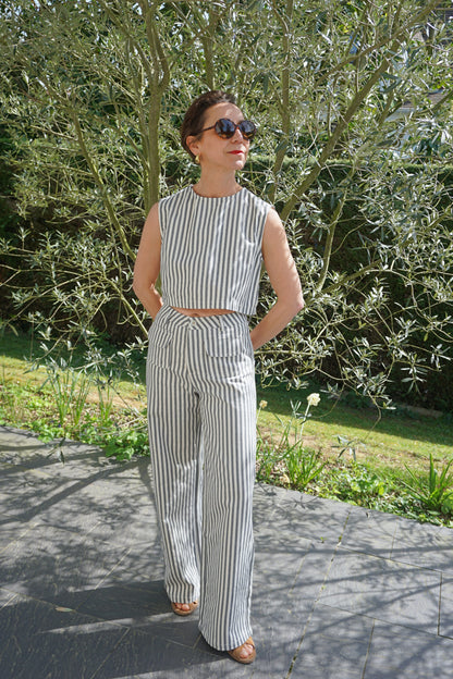 Pantalon rayé bleu gris coton