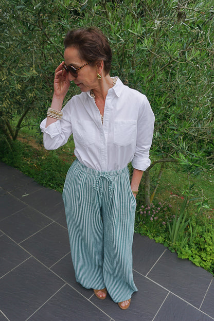Pantalon rayé turquoise gaze de coton