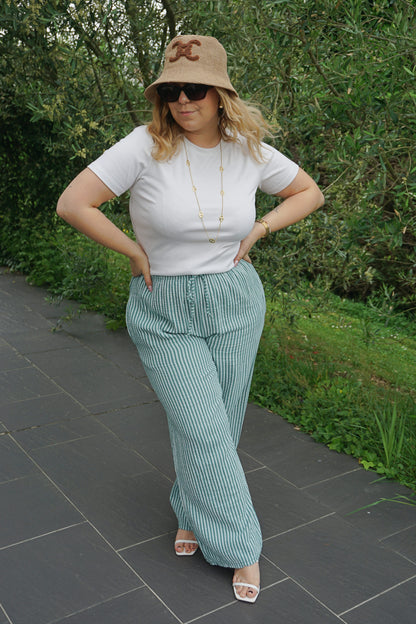 Pantalon rayé turquoise gaze de coton