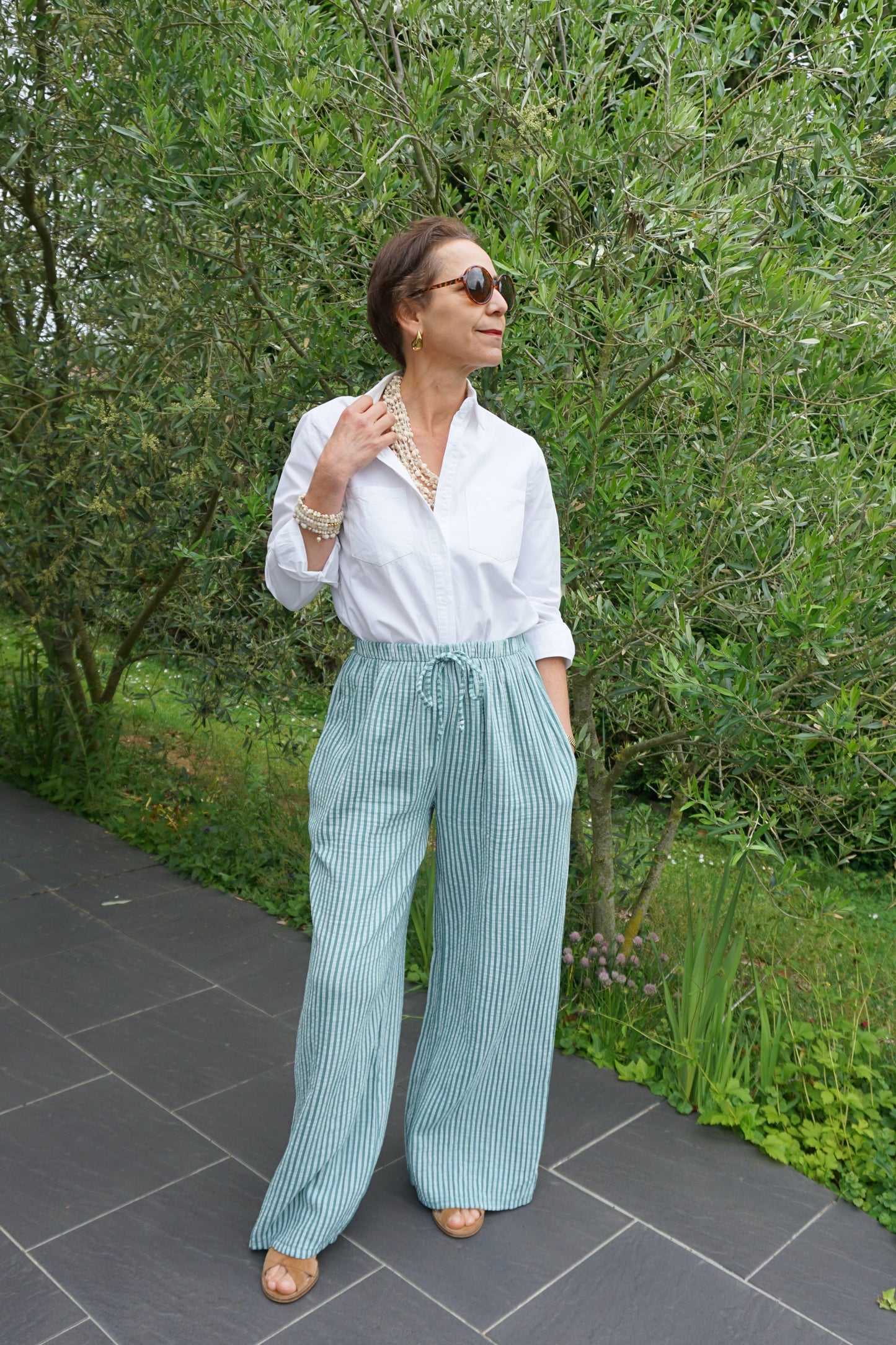 Pantalon rayé turquoise gaze de coton