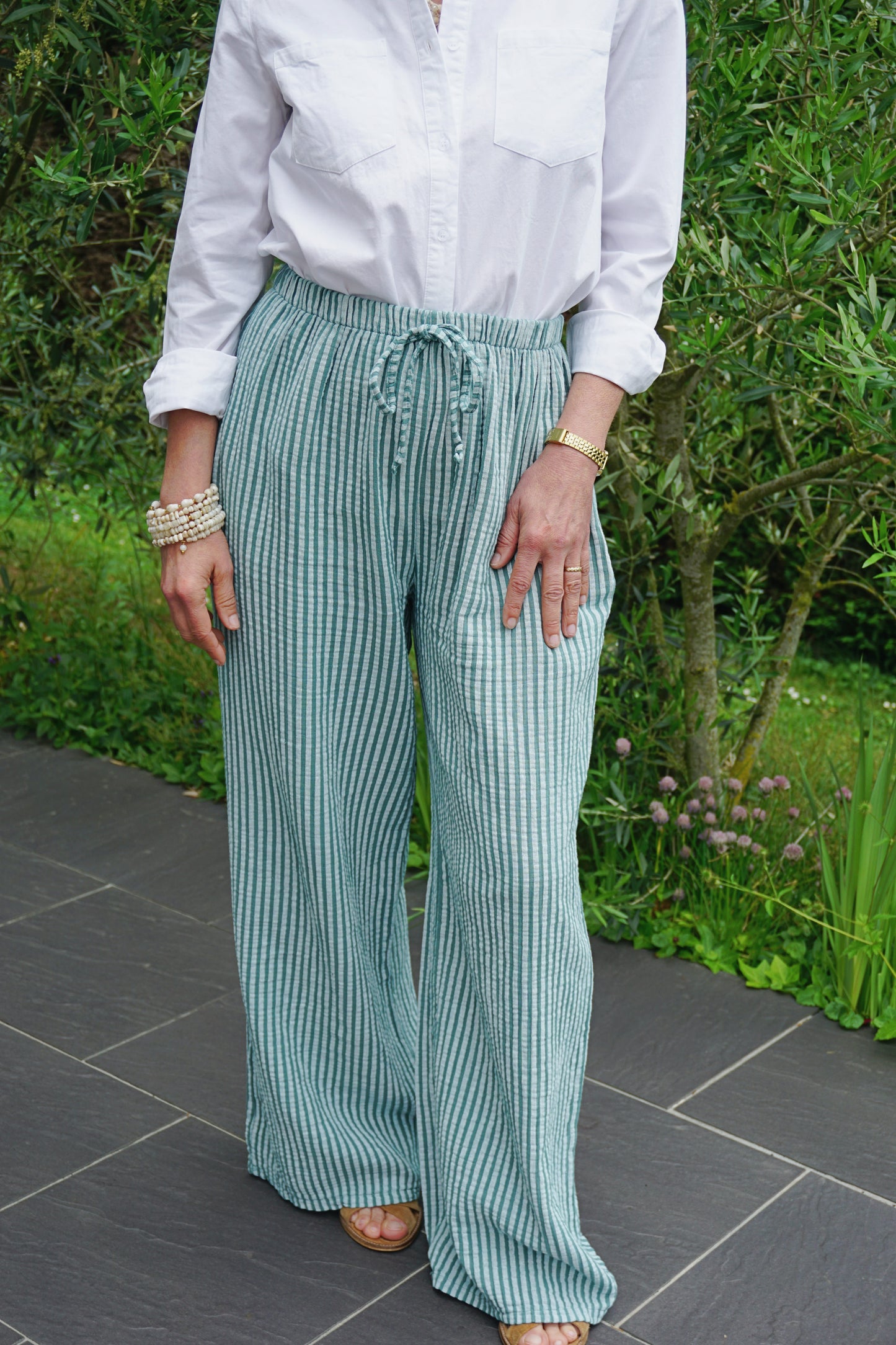 Pantalon rayé turquoise gaze de coton