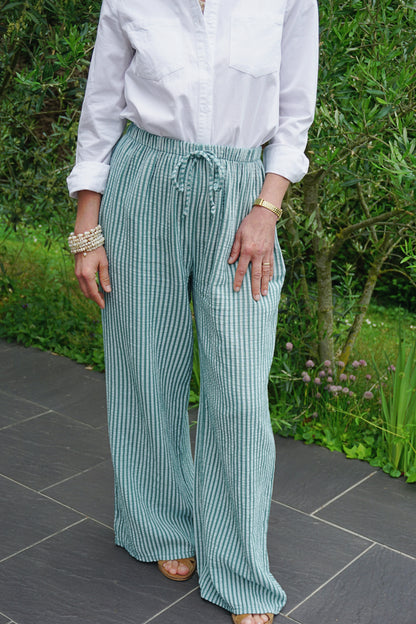 Pantalon rayé turquoise gaze de coton