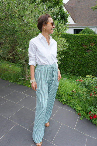 Pantalon rayé turquoise gaze de coton