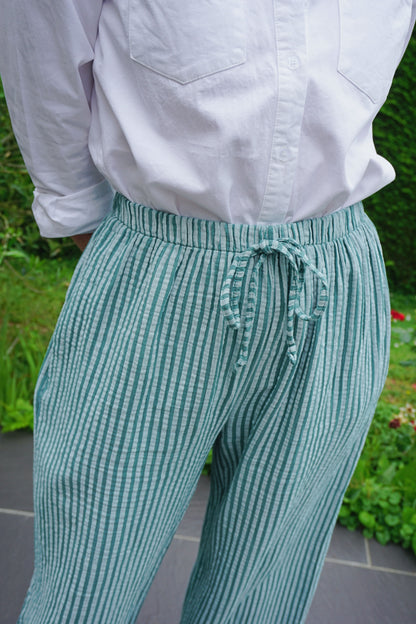 Pantalon rayé turquoise gaze de coton
