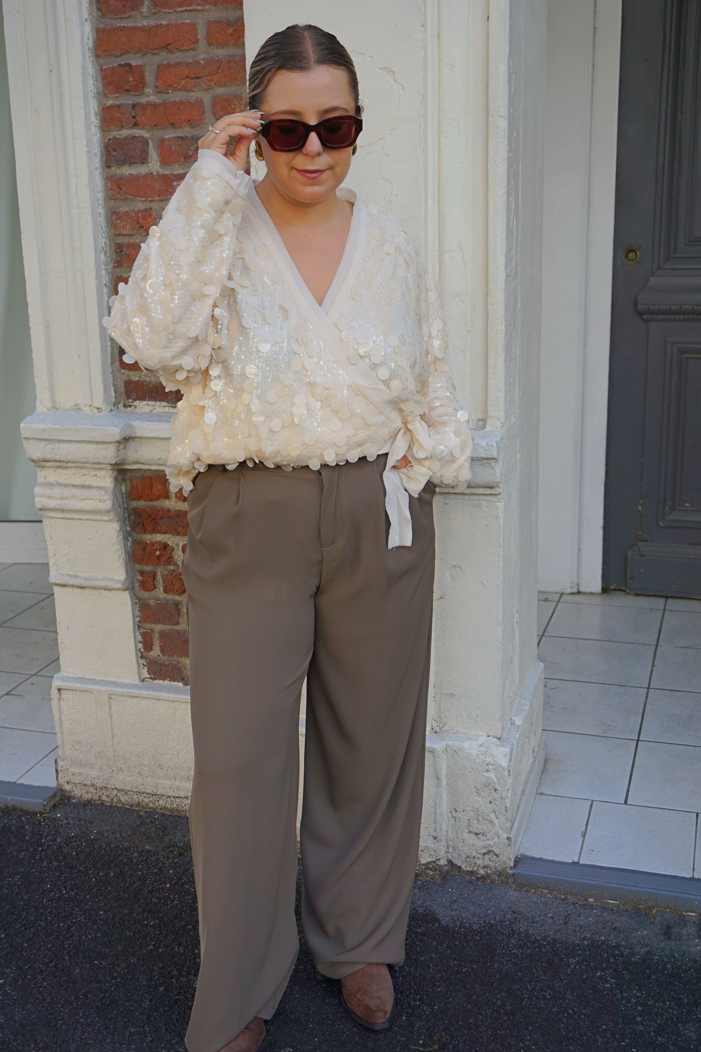 Pantalon tailleur kaki wide leg