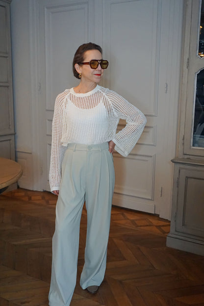 Pantalon tailleur vert wide leg