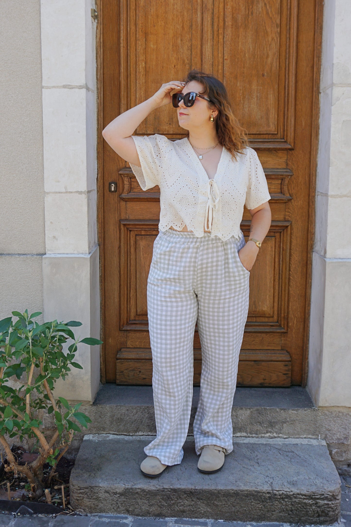Pantalon vichy vert d’eau wide leg gaze de coton