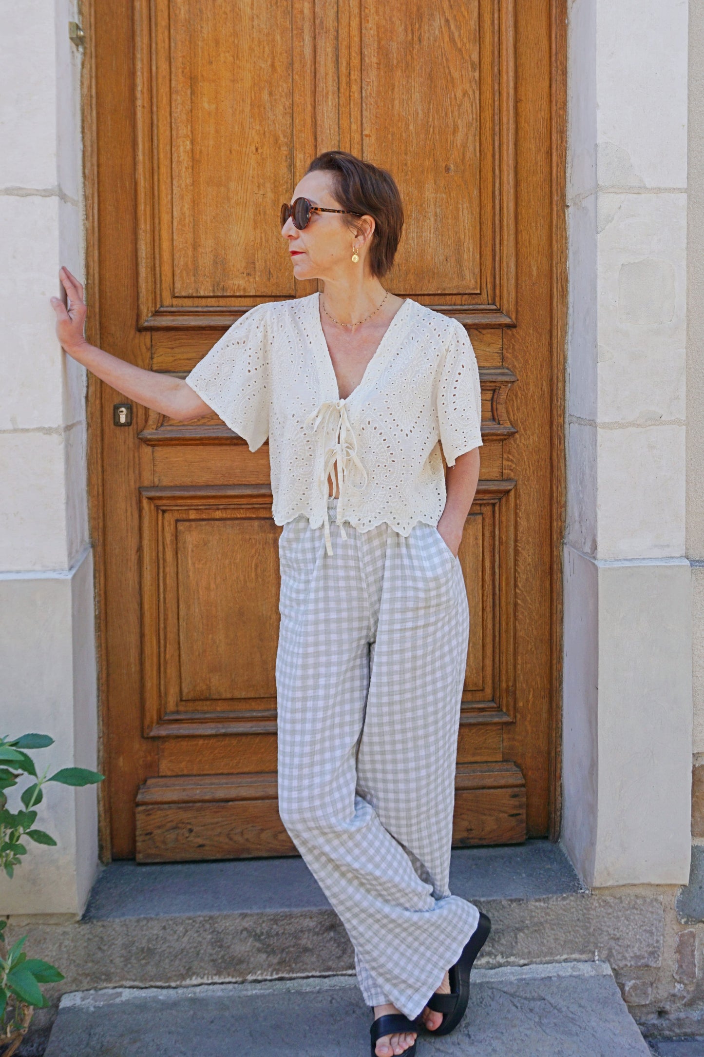 Pantalon vichy vert d’eau wide leg gaze de coton