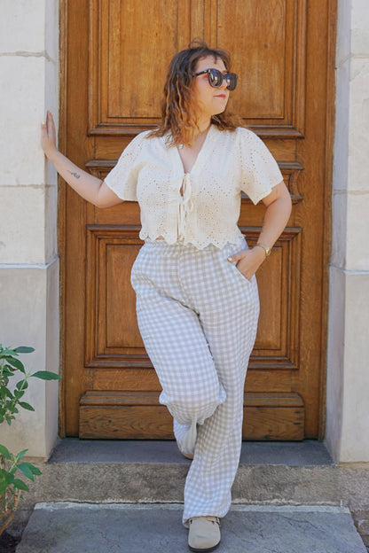 Pantalon vichy vert d’eau wide leg gaze de coton