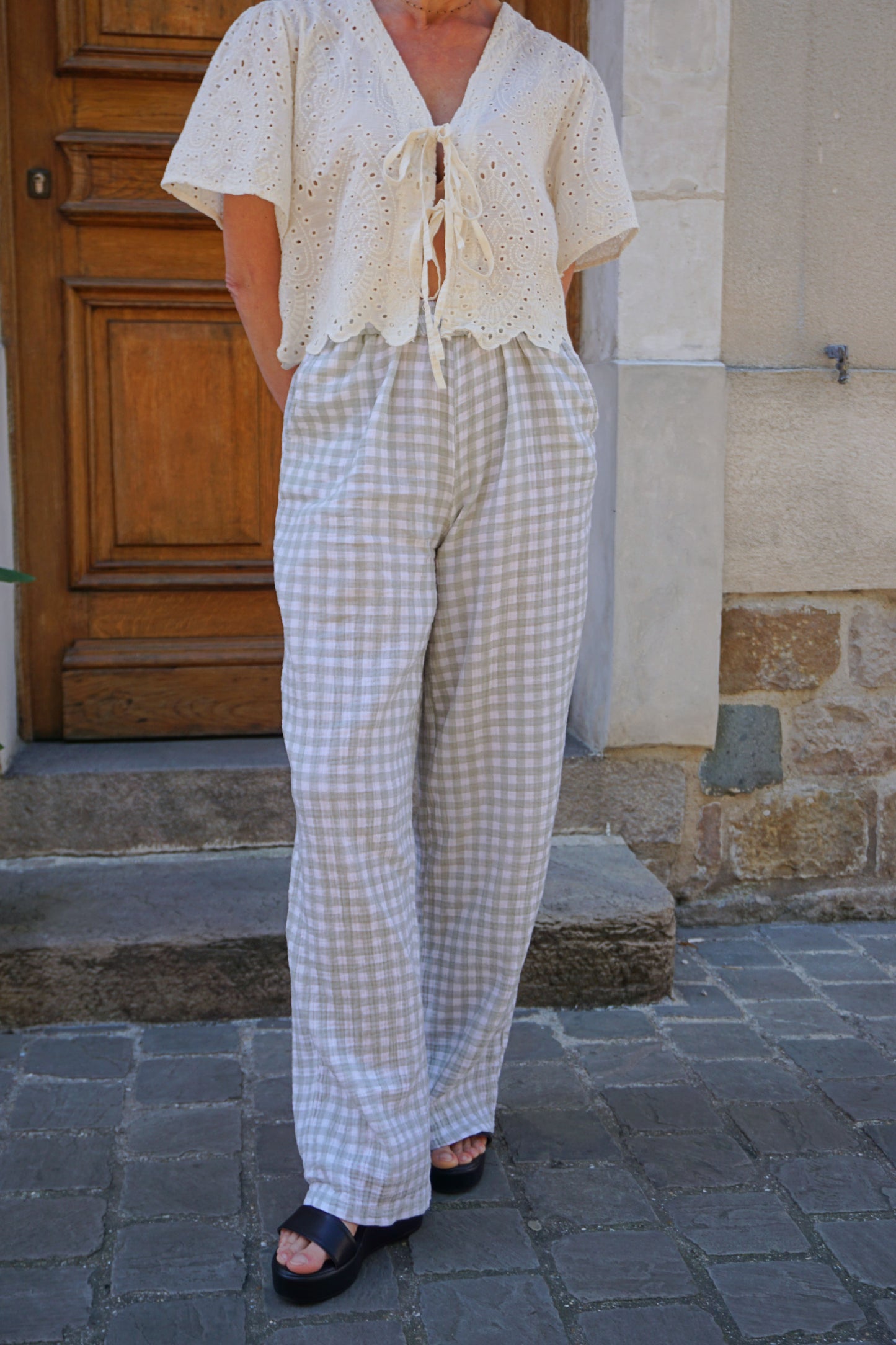Pantalon vichy vert d’eau wide leg gaze de coton