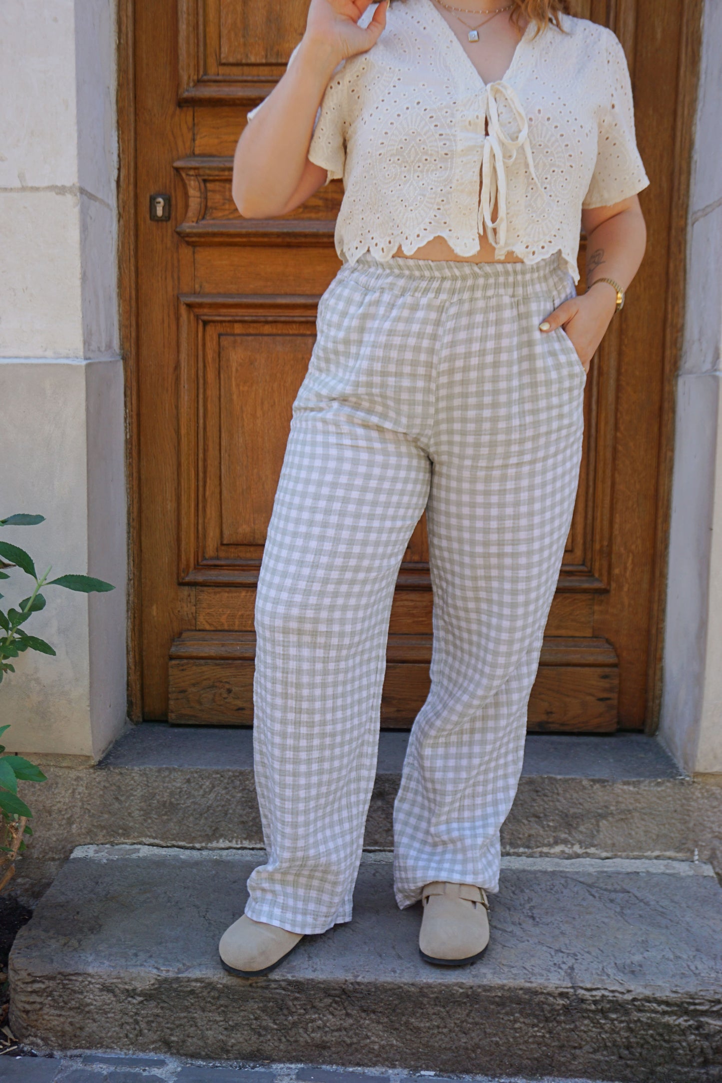 Pantalon vichy vert d’eau wide leg gaze de coton