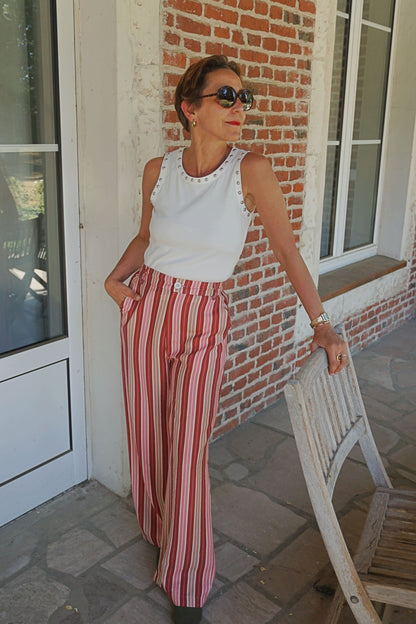 Pantalon wide leg fluide rayé rose bordeaux
