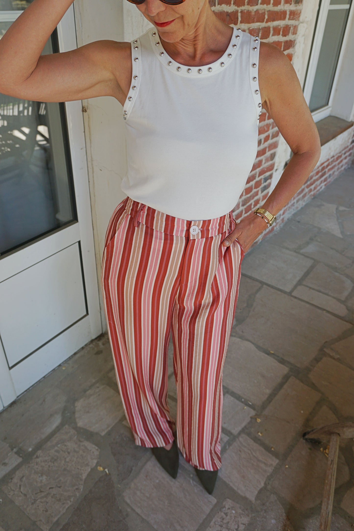 Pantalon wide leg fluide rayé rose bordeaux