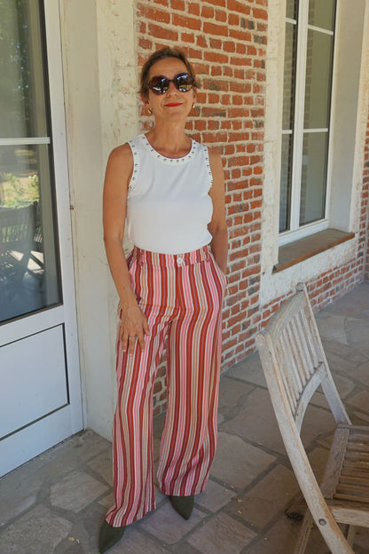 Pantalon wide leg fluide rayé rose bordeaux