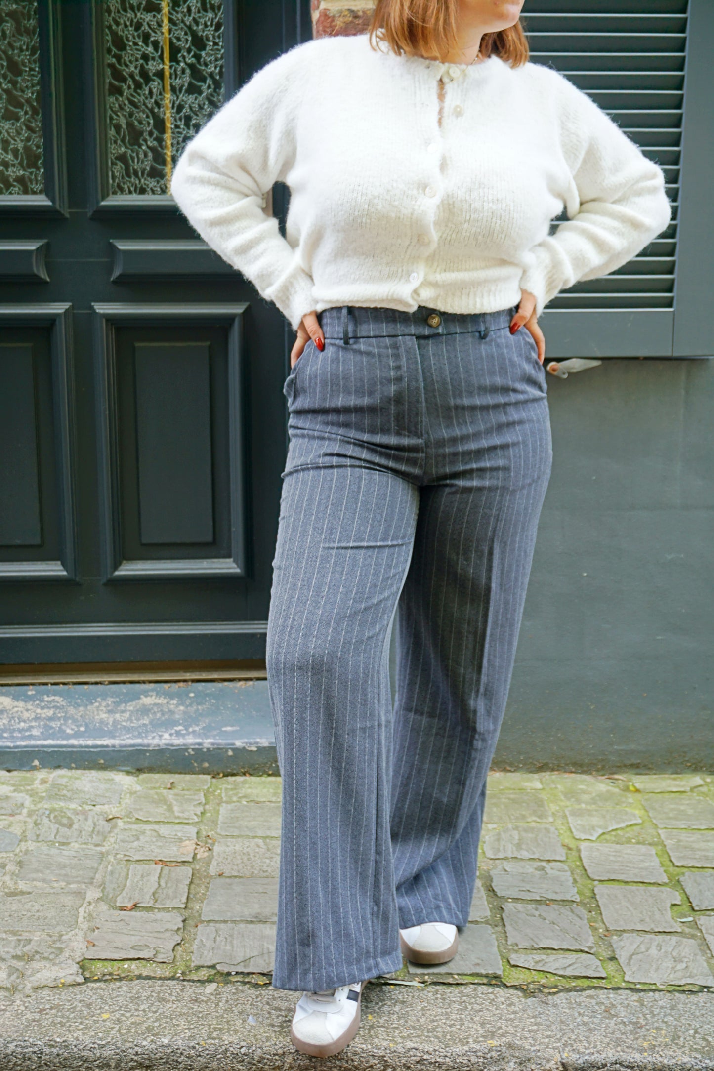 Pantalon wide leg bleu gris rayé