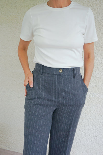 Pantalon wide leg bleu gris rayé