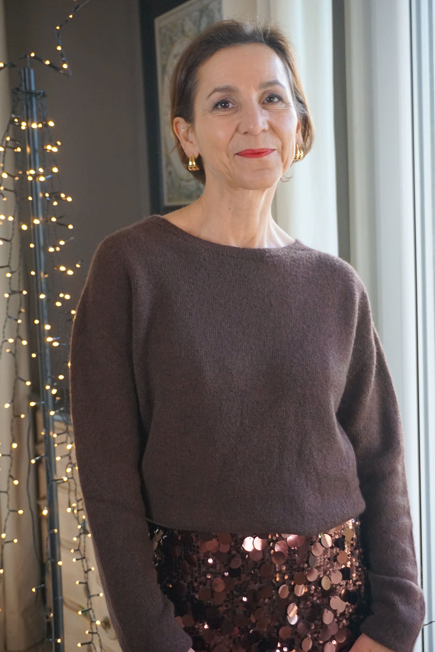 Pull alpaga col rond marron chocolat