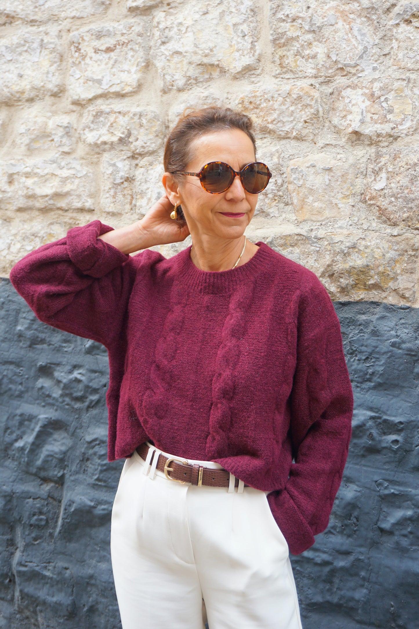 Pull bordeaux maille torsadée