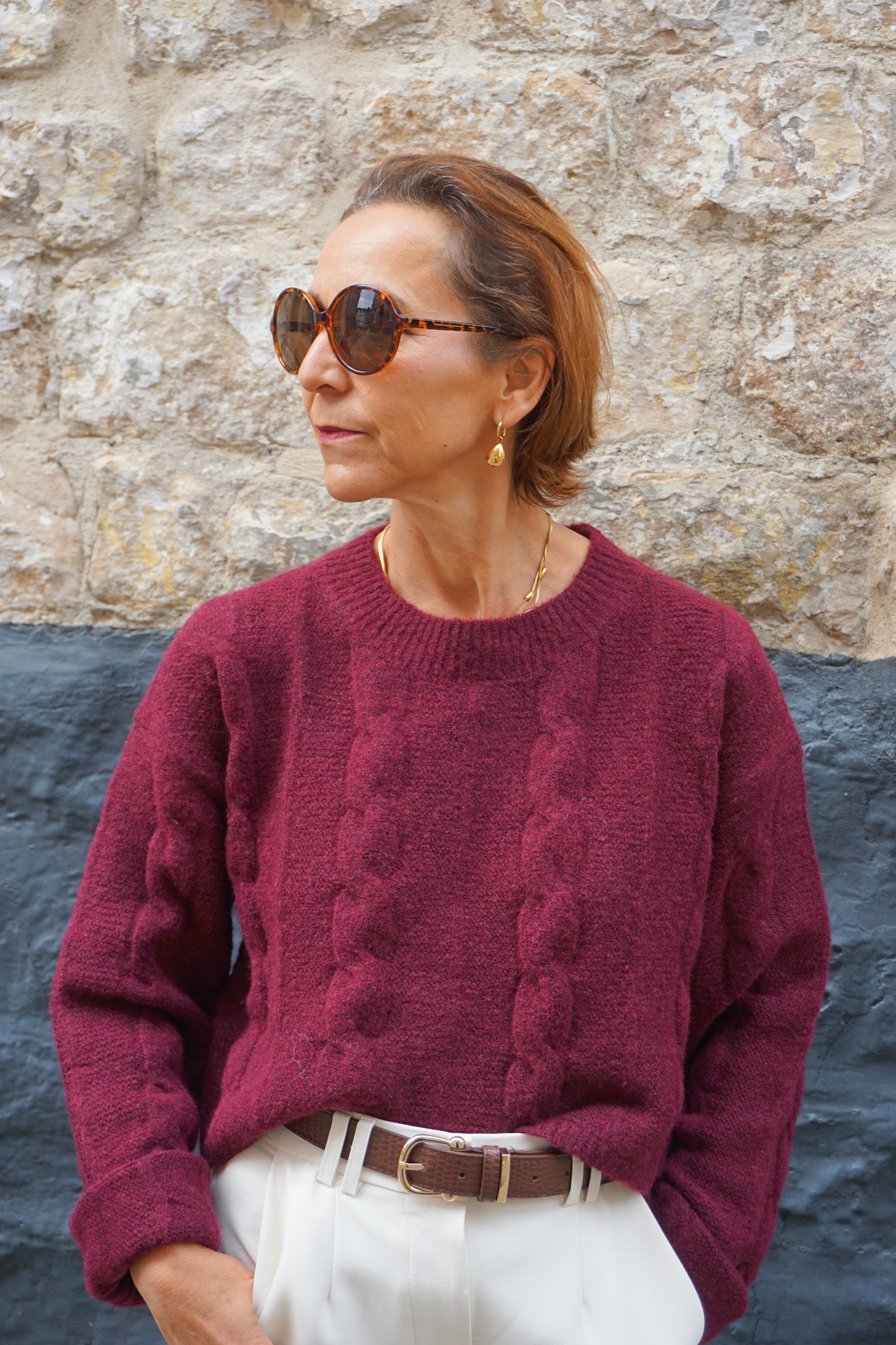 Pull bordeaux maille torsadée