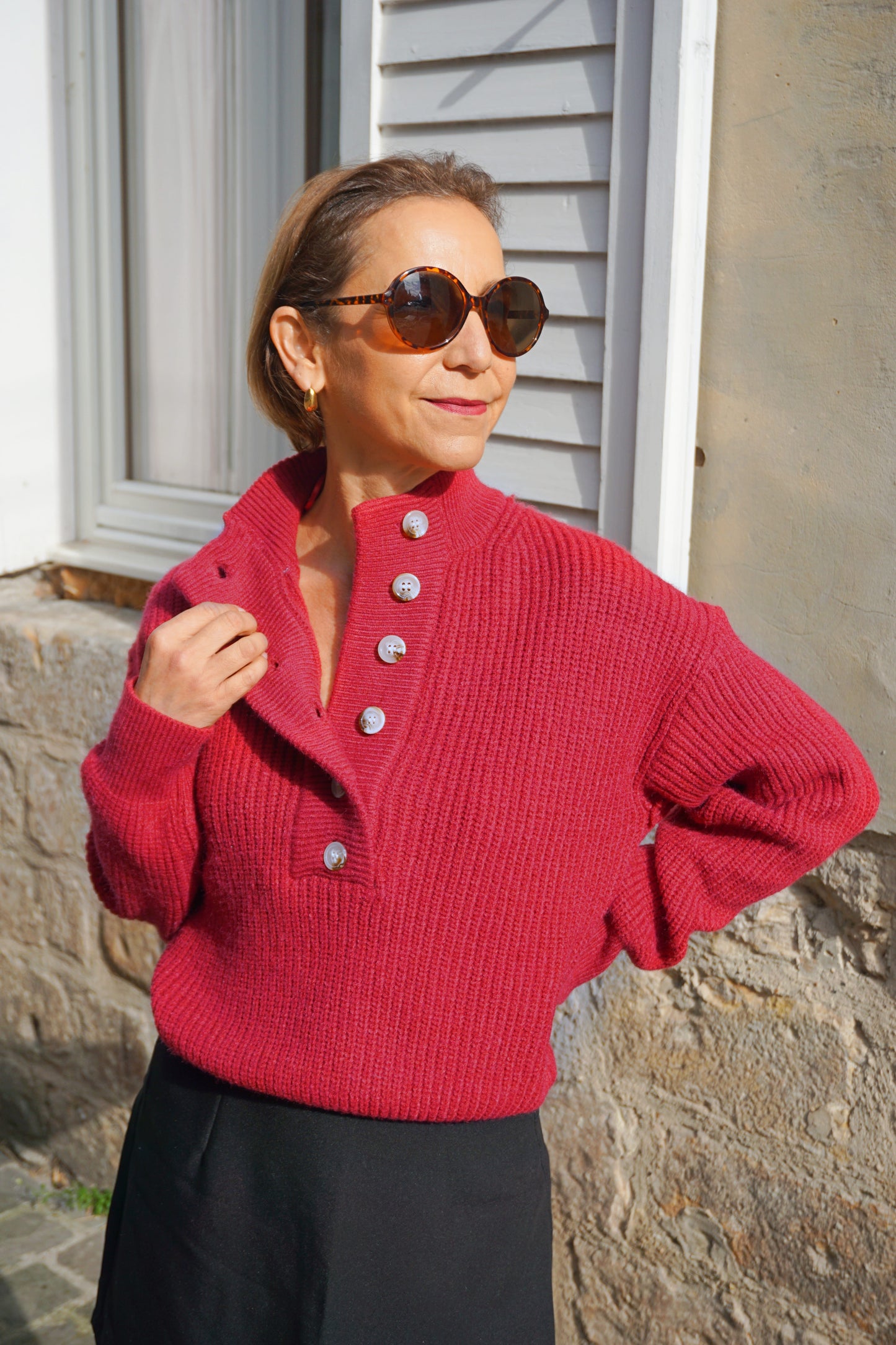 Pull col montant cerise