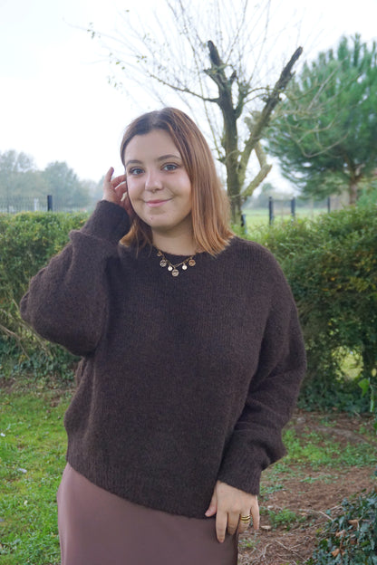 Pull col rond marron chocolat