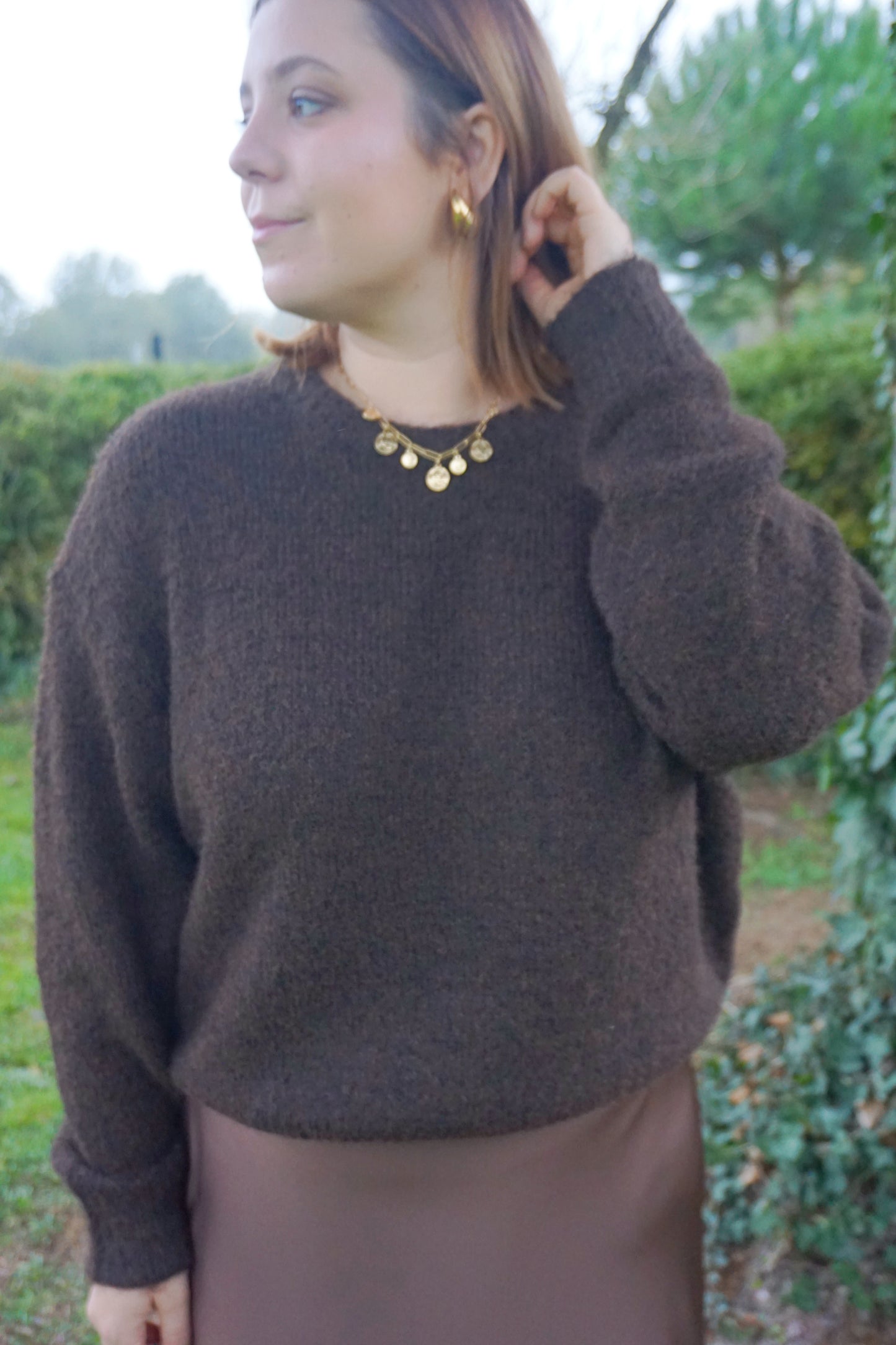 Pull col rond marron chocolat