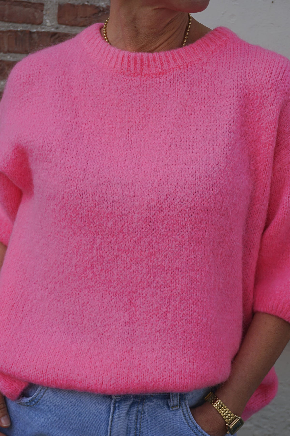 Pull mohair rose manches 3/4