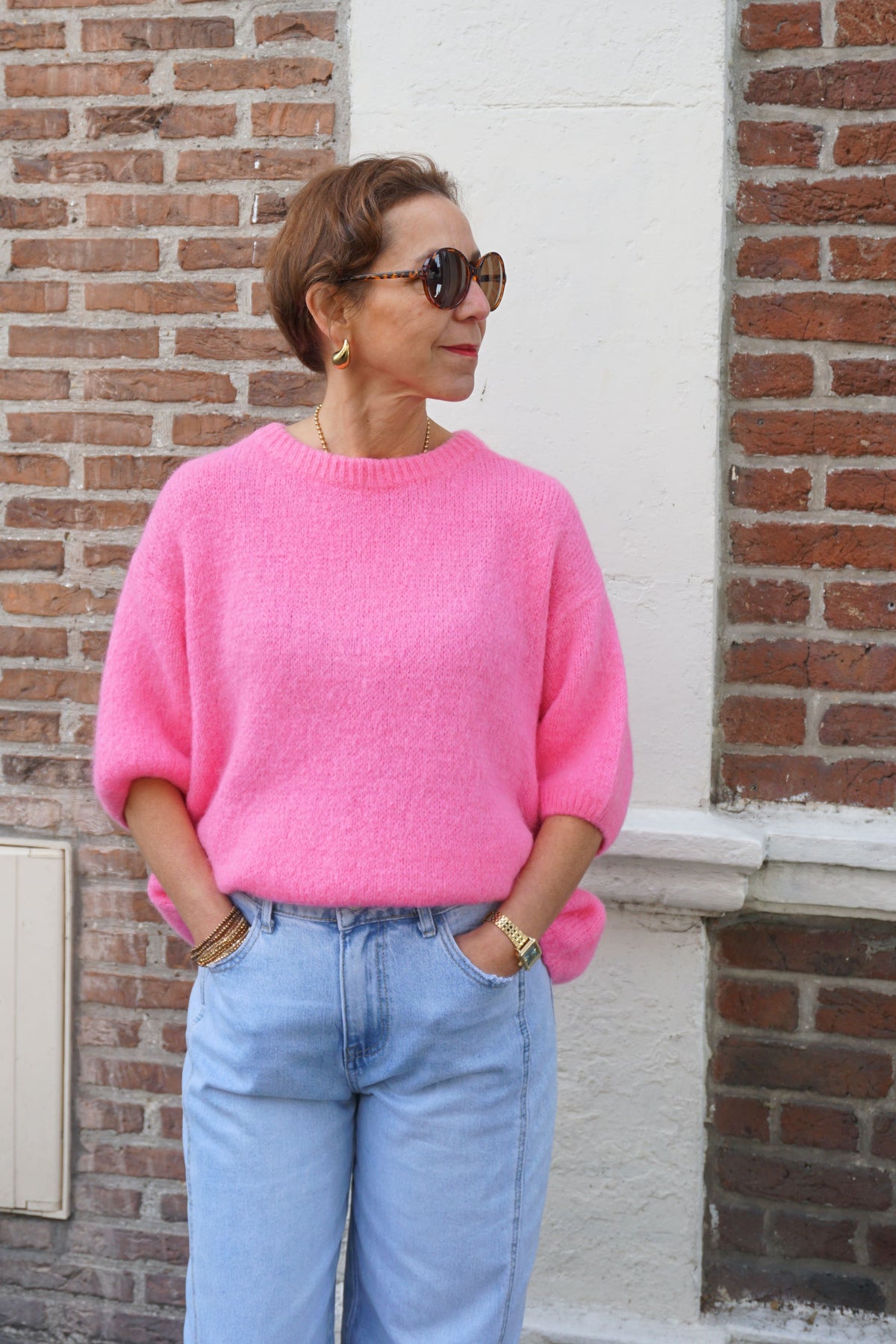 Pull mohair rose manches 3/4
