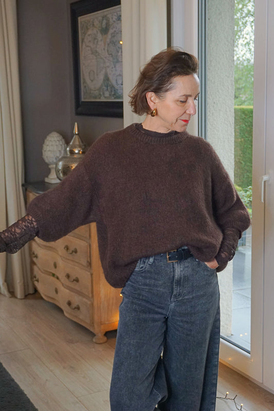 Pull mohair marron manches 3/4