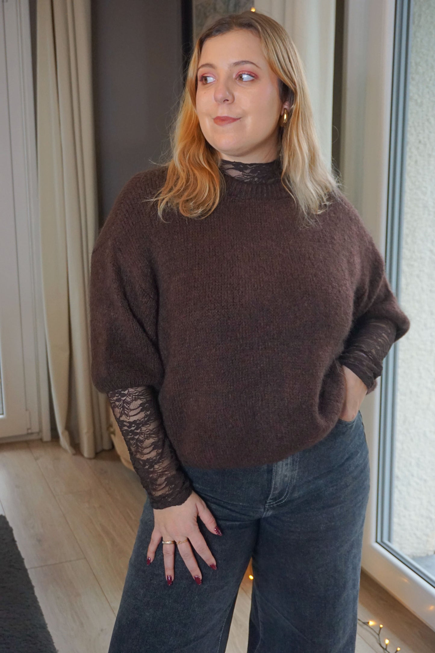 Pull mohair marron manches 3/4