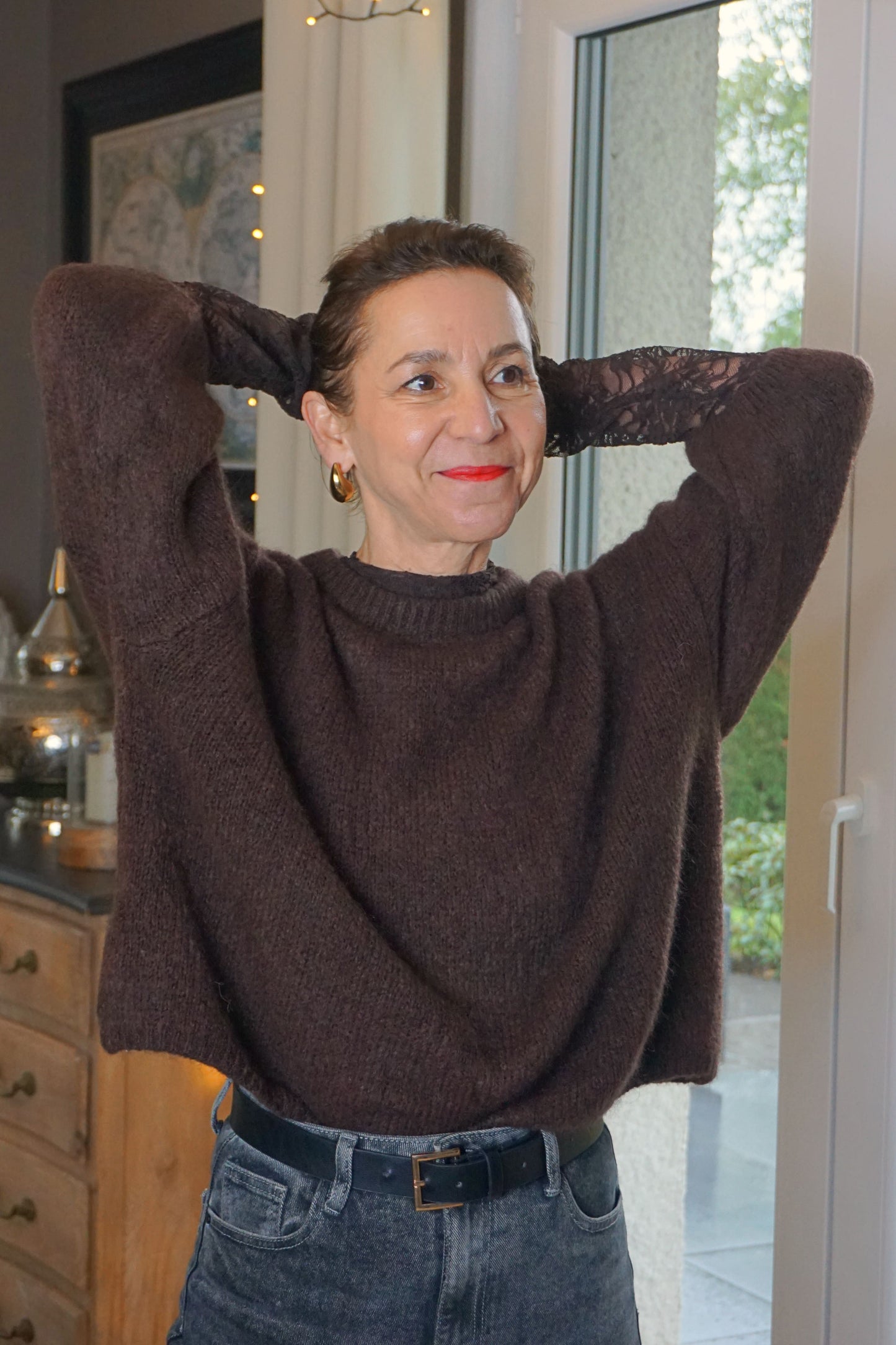 Pull mohair marron manches 3/4