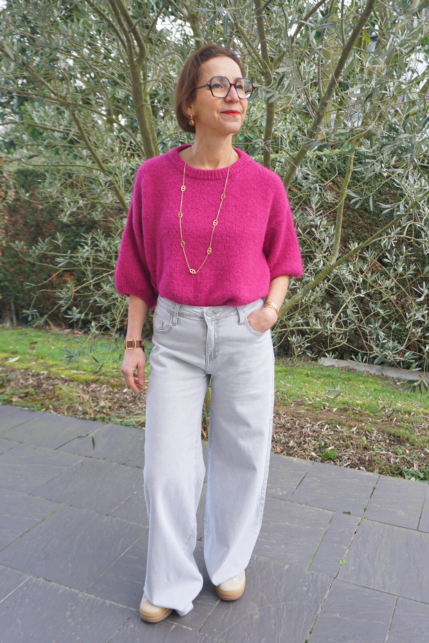 Pull mohair rose manches 3/4