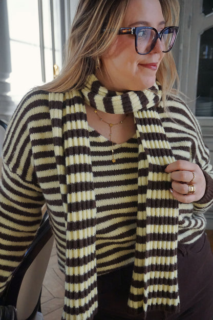 Pull rayé et écharpe jaune et marron